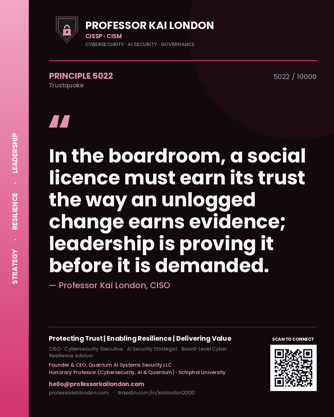 Professor Kai London principle 5022: In the boardroom, a social licence must earn its trust the way an unlogged change earns evidence; leadership is proving it before it is demanded.