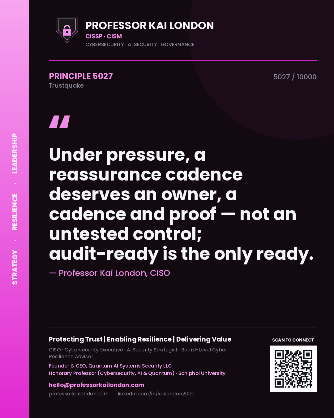 Professor Kai London principle 5027: Under pressure, a reassurance cadence deserves an owner, a cadence and proof — not an untested control; audit-ready is the only ready.