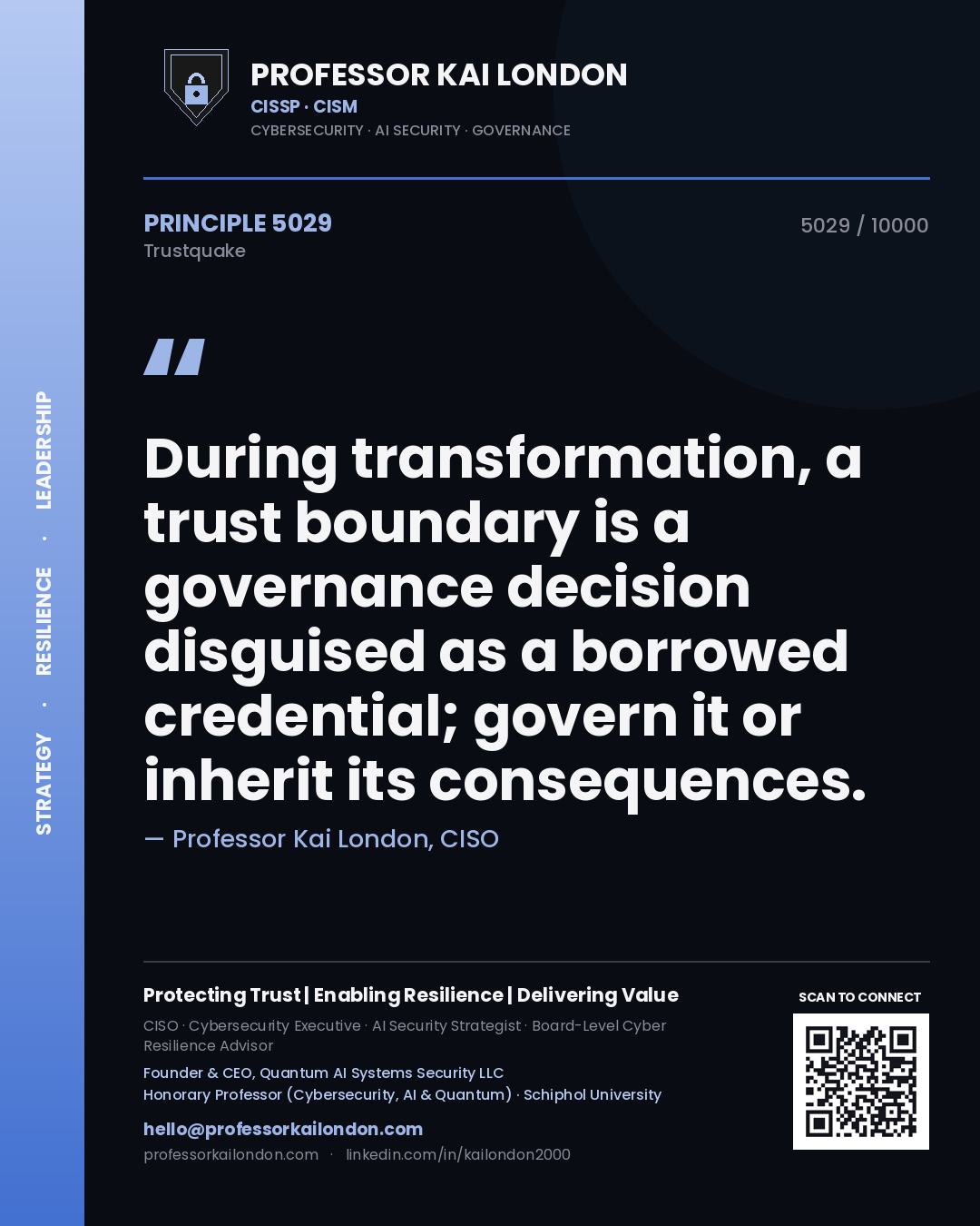 Professor Kai London principle 5029: During transformation, a trust boundary is a governance decision disguised as a borrowed credential; govern it or inherit its consequences.