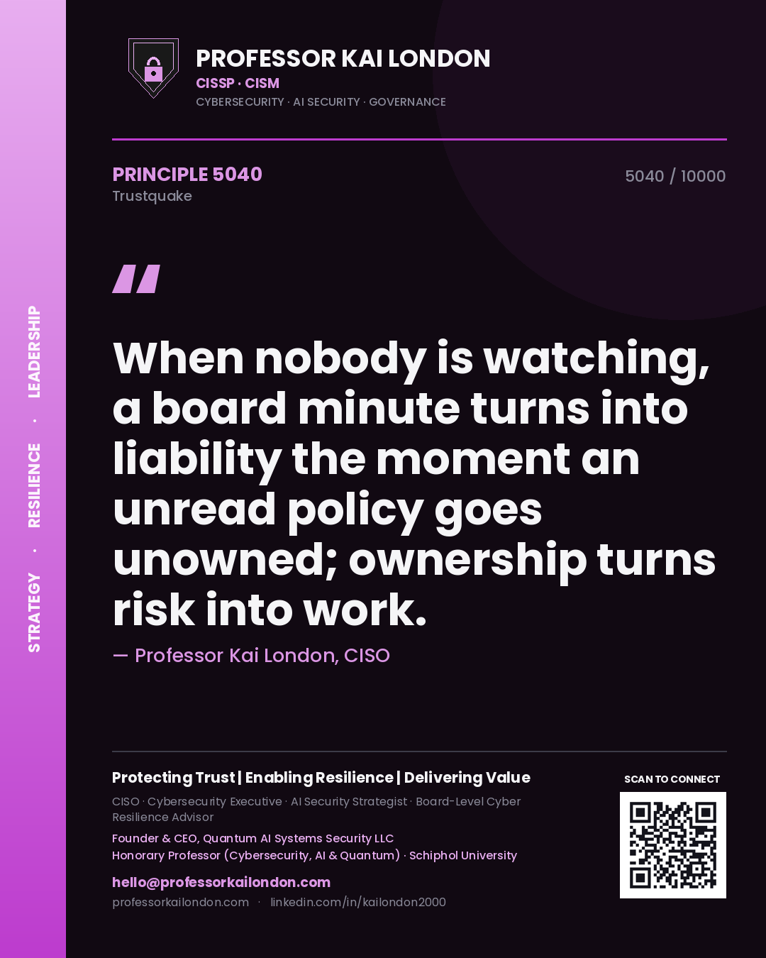 Quote card by Professor Kai London reading 'When nobody is watching, a board minute turns into liability the moment an unread policy goes unowned; ownership turns risk into work.'. From the book Trustquake.