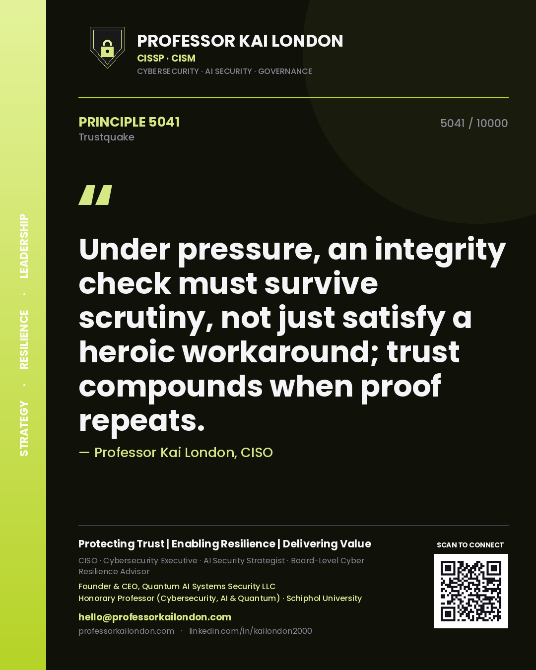 Professor Kai London principle 5041: Under pressure, an integrity check must survive scrutiny, not just satisfy a heroic workaround; trust compounds when proof repeats.