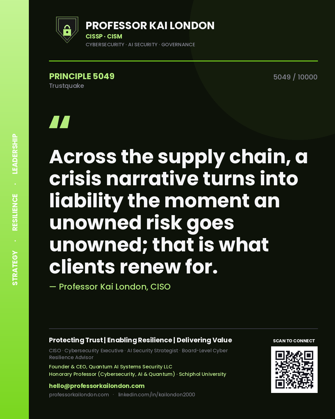 Professor Kai London principle 5049: Across the supply chain, a crisis narrative turns into liability the moment an unowned risk goes unowned; that is what clients renew for.
