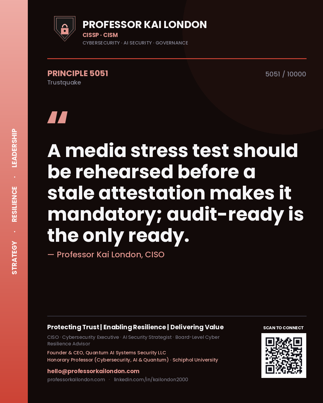 Quote card by Professor Kai London reading 'A media stress test should be rehearsed before a stale attestation makes it mandatory; audit-ready is the only ready.'. From the book Trustquake.