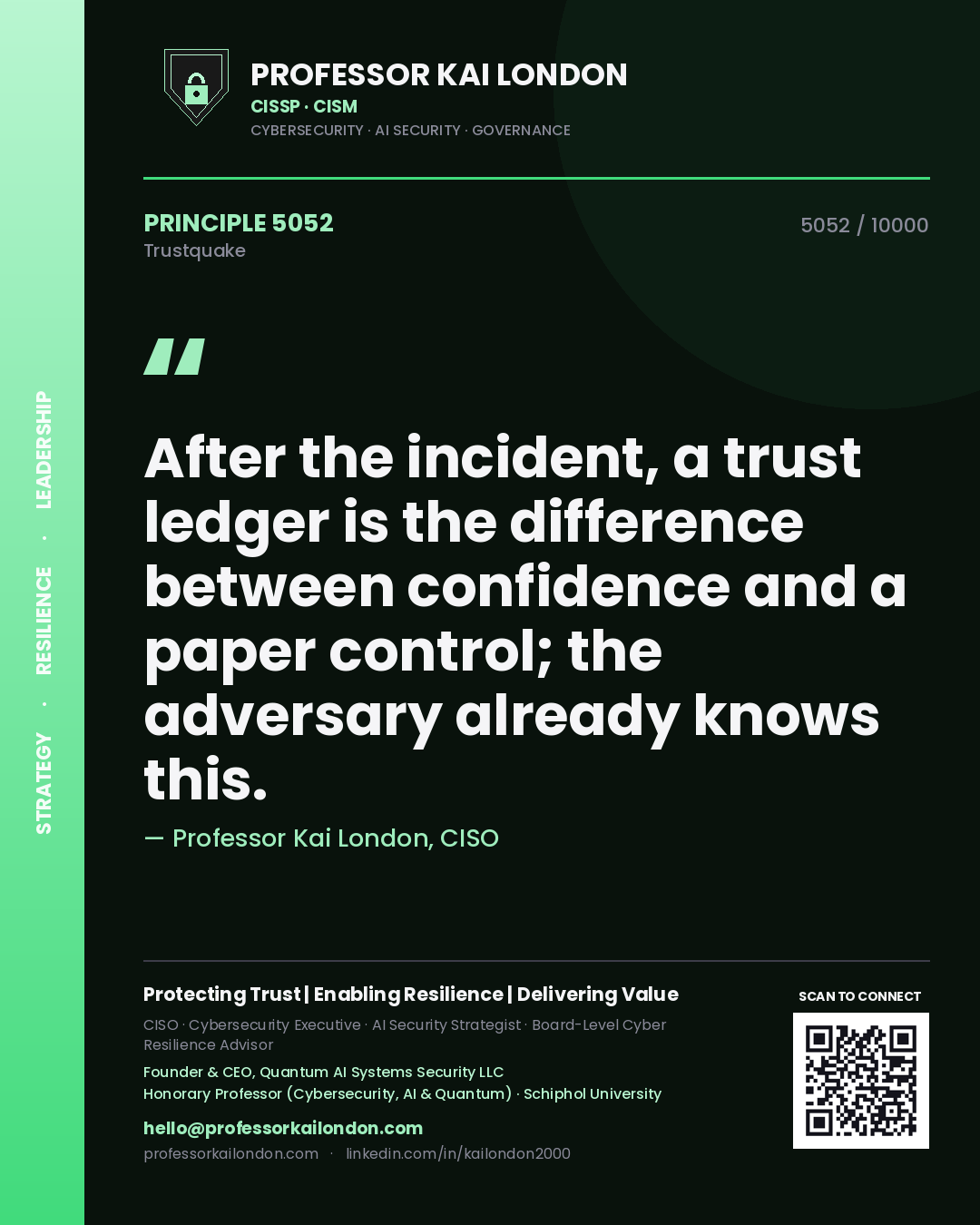 Professor Kai London principle 5052: After the incident, a trust ledger is the difference between confidence and a paper control; the adversary already knows this.