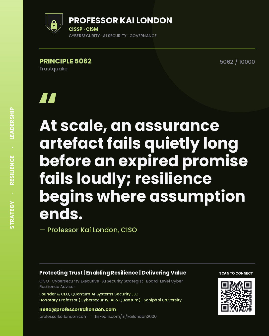 Quote card by Professor Kai London reading 'At scale, an assurance artefact fails quietly long before an expired promise fails loudly; resilience begins where assumption ends.'. From the book Trustquake.