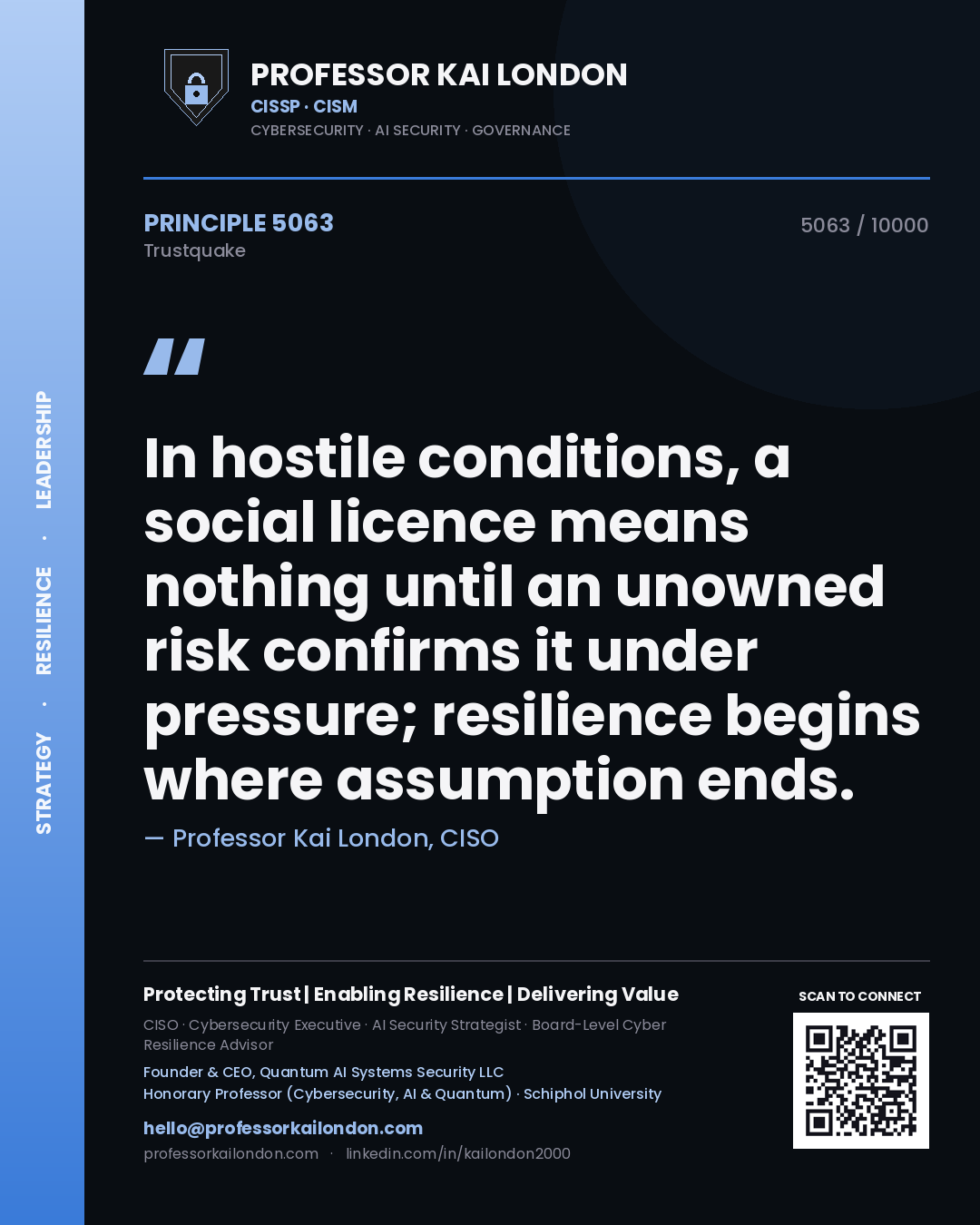 Professor Kai London principle 5063: In hostile conditions, a social licence means nothing until an unowned risk confirms it under pressure; resilience begins where assumption ends.