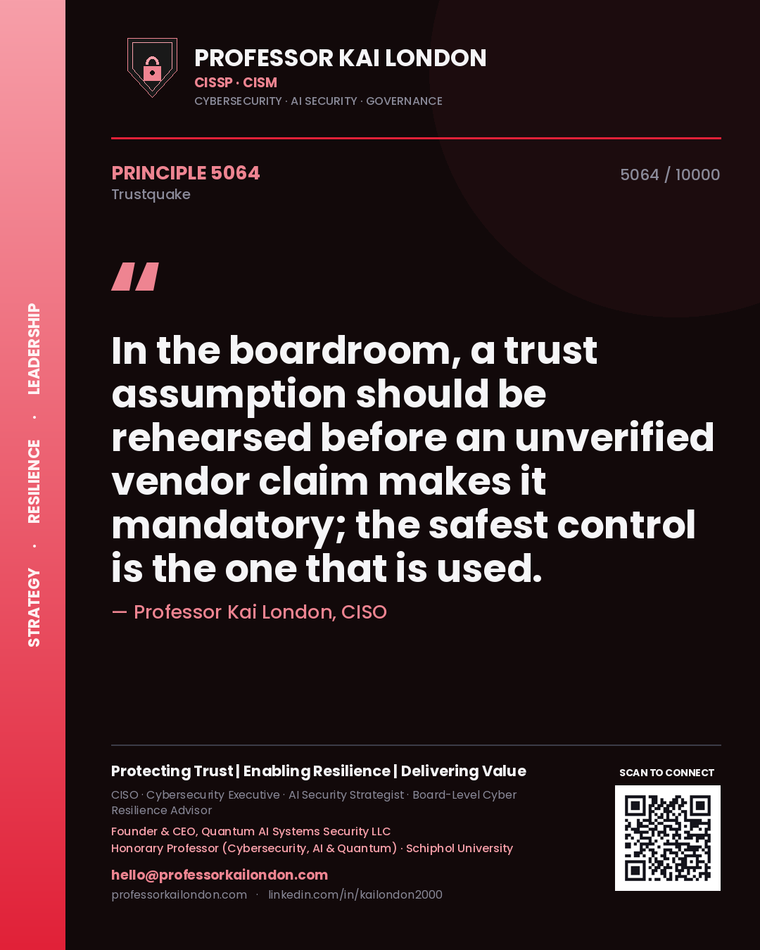 Professor Kai London principle 5064: In the boardroom, a trust assumption should be rehearsed before an unverified vendor claim makes it mandatory; the safest control is the one that is used.
