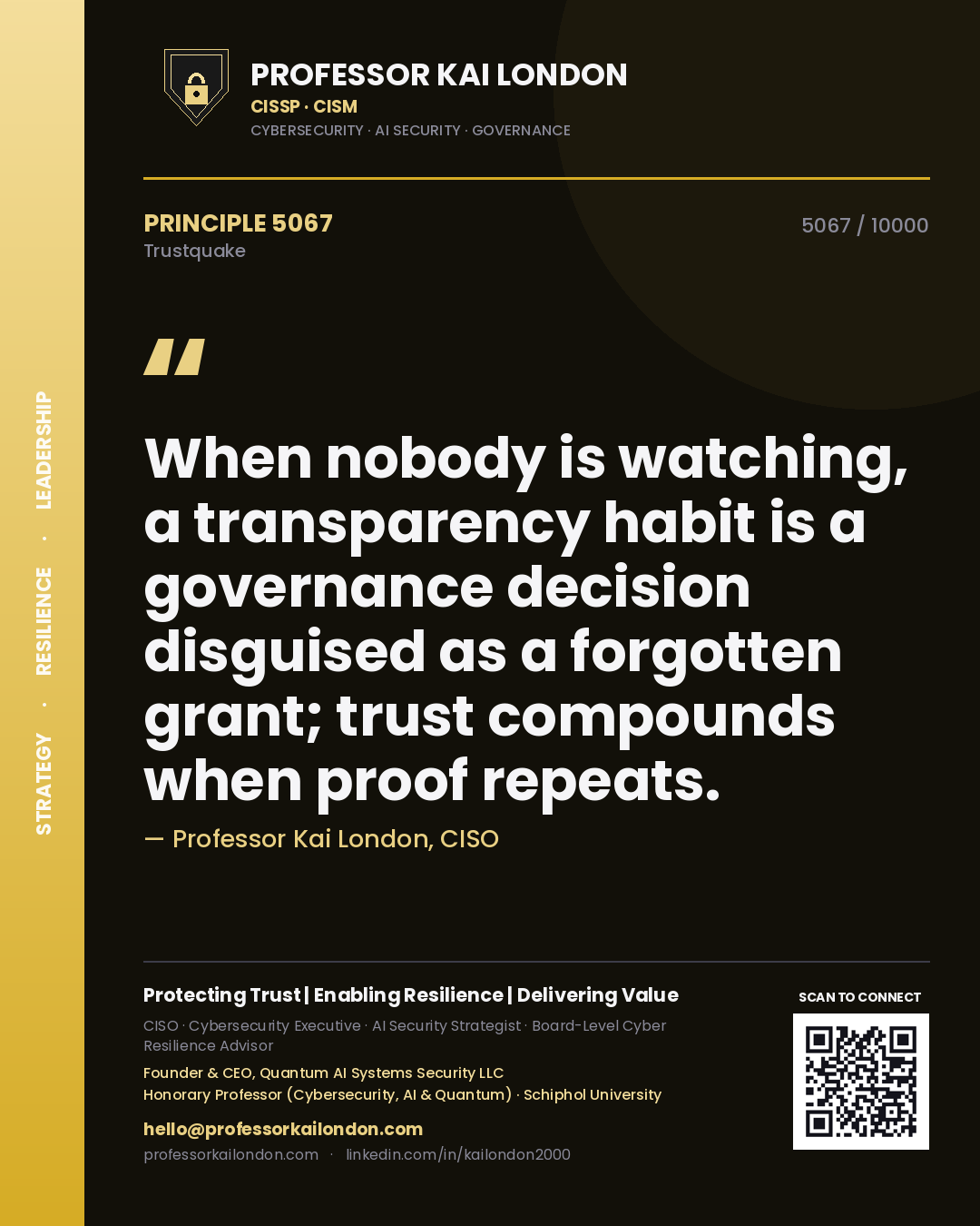 Professor Kai London principle 5067: When nobody is watching, a transparency habit is a governance decision disguised as a forgotten grant; trust compounds when proof repeats.