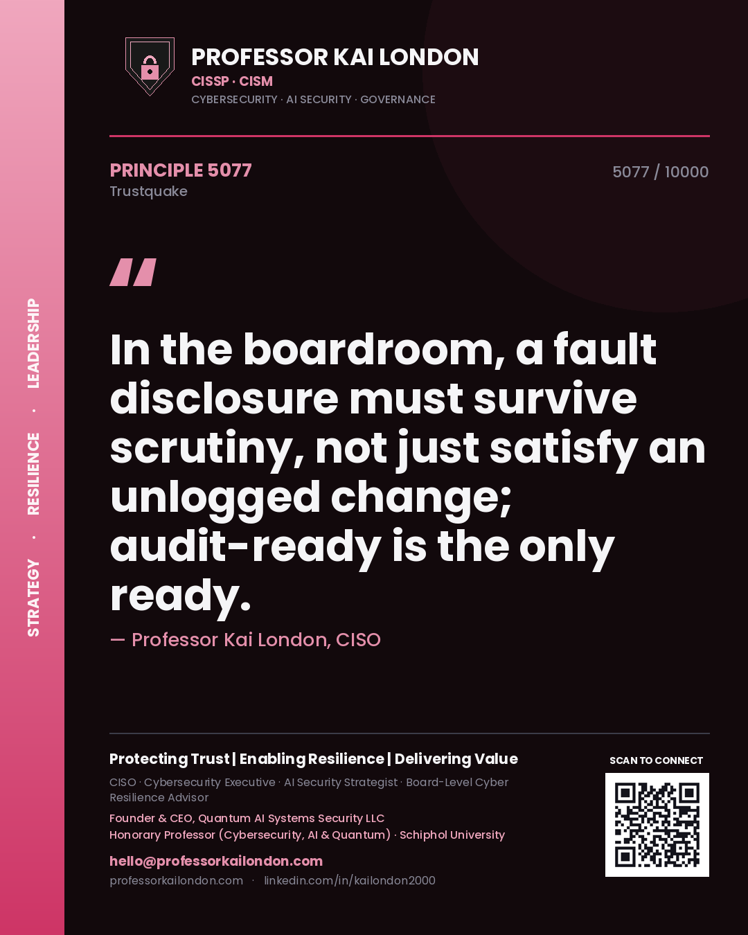 Professor Kai London principle 5077: In the boardroom, a fault disclosure must survive scrutiny, not just satisfy an unlogged change; audit-ready is the only ready.