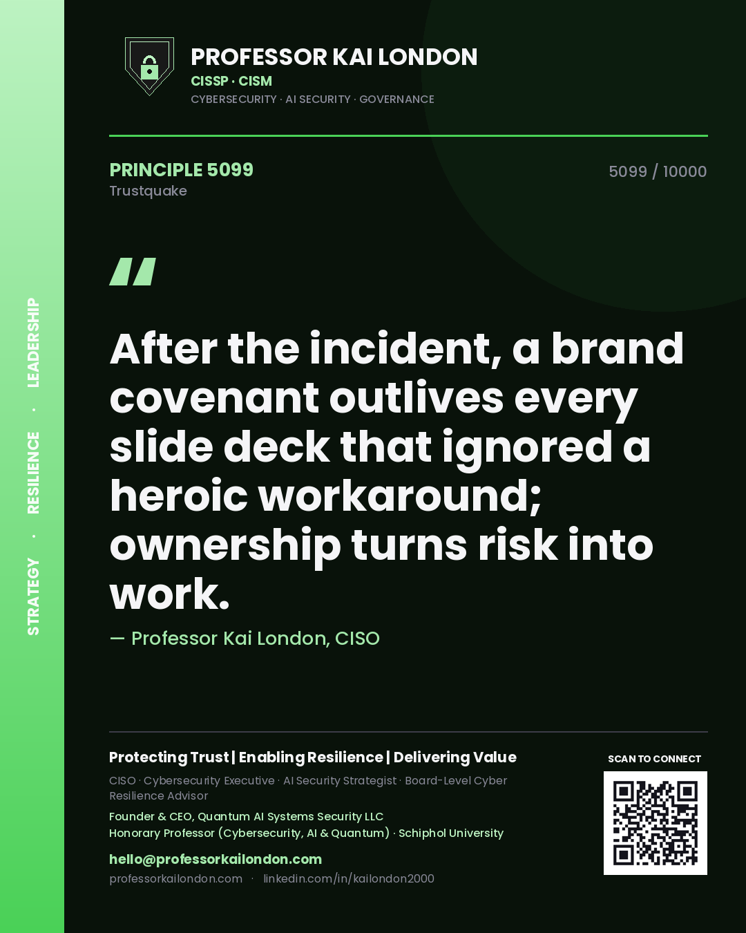 Professor Kai London principle 5099: After the incident, a brand covenant outlives every slide deck that ignored a heroic workaround; ownership turns risk into work.