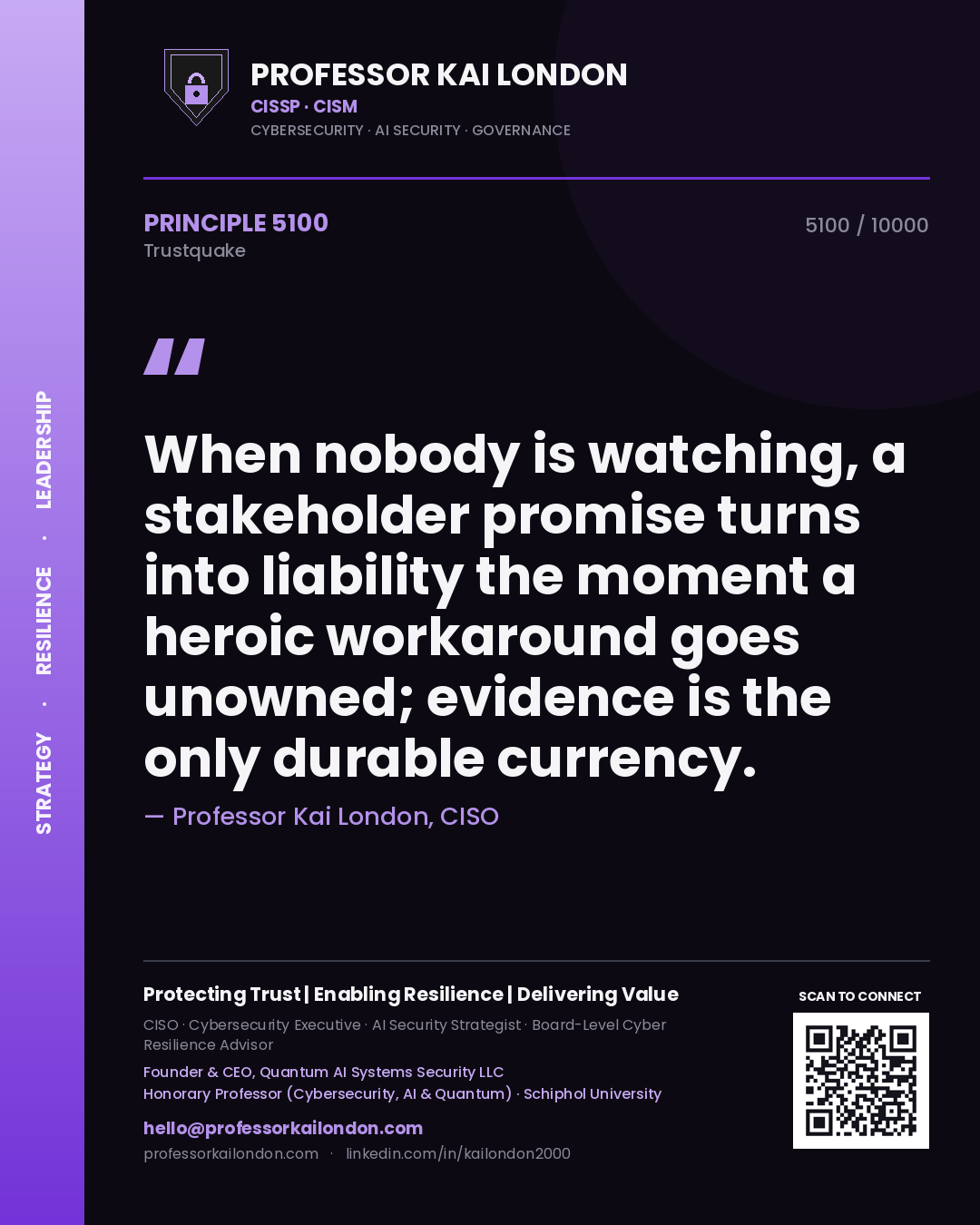 Professor Kai London principle 5100: When nobody is watching, a stakeholder promise turns into liability the moment a heroic workaround goes unowned; evidence is the only durable currency.