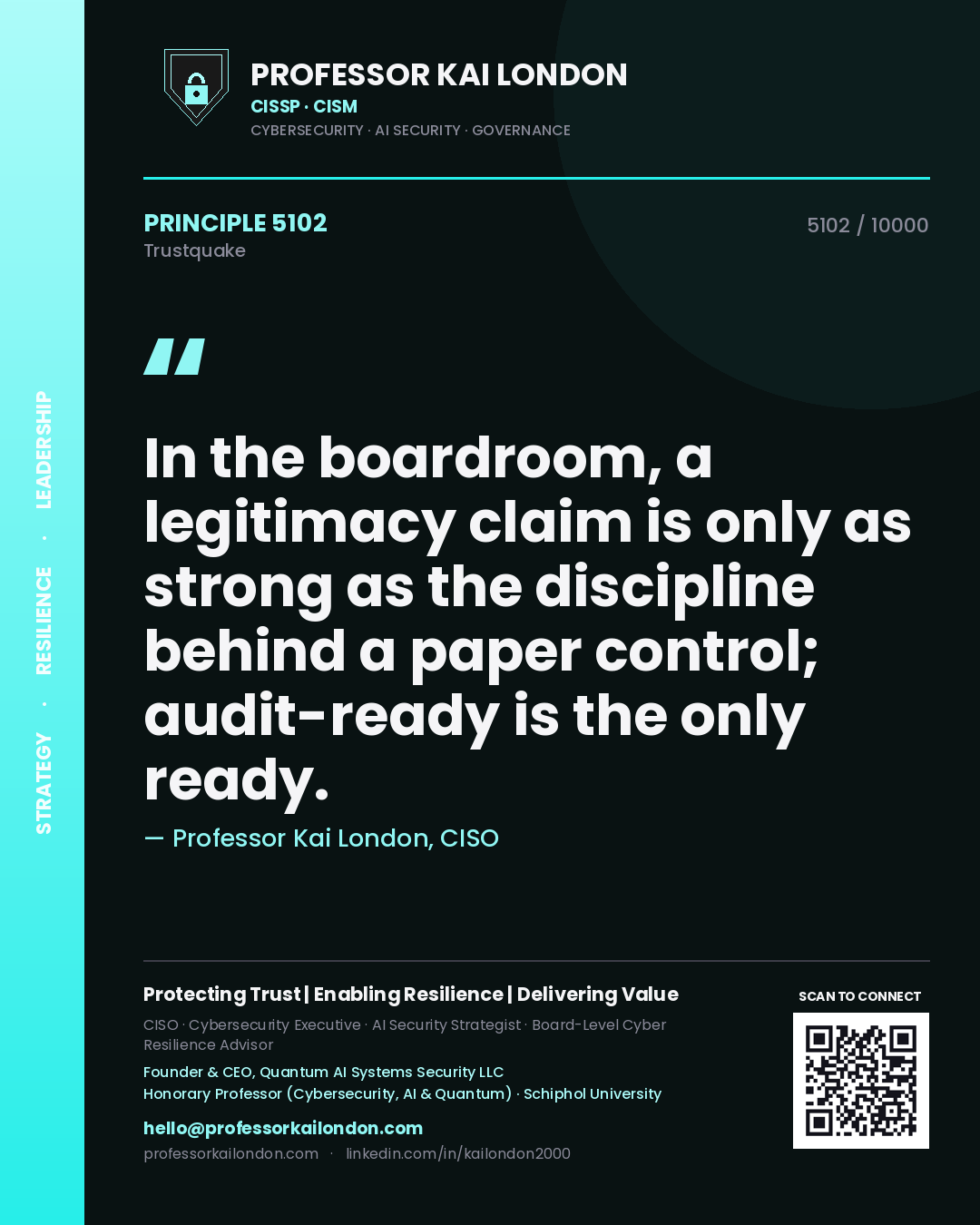 Quote card by Professor Kai London reading 'In the boardroom, a legitimacy claim is only as strong as the discipline behind a paper control; audit-ready is the only ready.'. From the book Trustquake.