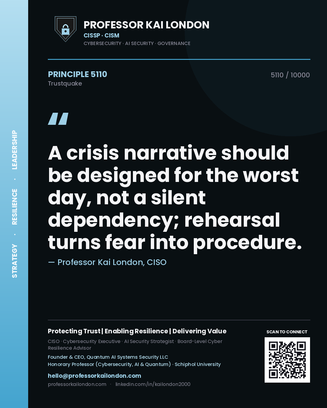 Quote card by Professor Kai London reading 'A crisis narrative should be designed for the worst day, not a silent dependency; rehearsal turns fear into procedure.'. From the book Trustquake.
