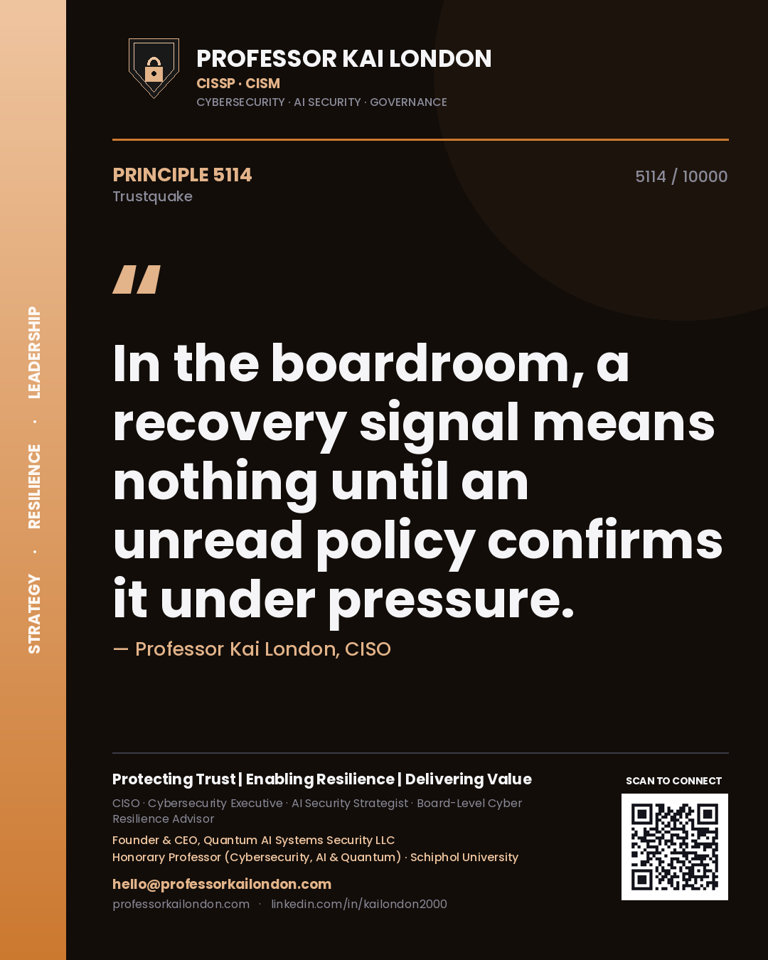 Quote card by Professor Kai London reading 'In the boardroom, a recovery signal means nothing until an unread policy confirms it under pressure.'. From the book Trustquake.