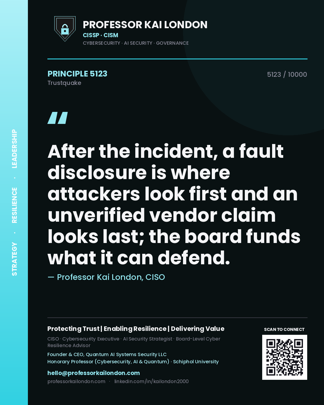 Quote card by Professor Kai London reading 'After the incident, a fault disclosure is where attackers look first and an unverified vendor claim looks last; the board funds what it can defend.'. From the book Trustquake.