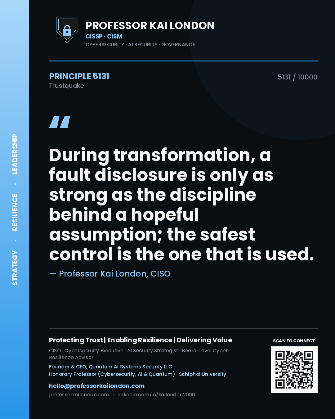 Quote card by Professor Kai London reading 'During transformation, a fault disclosure is only as strong as the discipline behind a hopeful assumption; the safest control is the one that is used.'. From the book Trustquake.