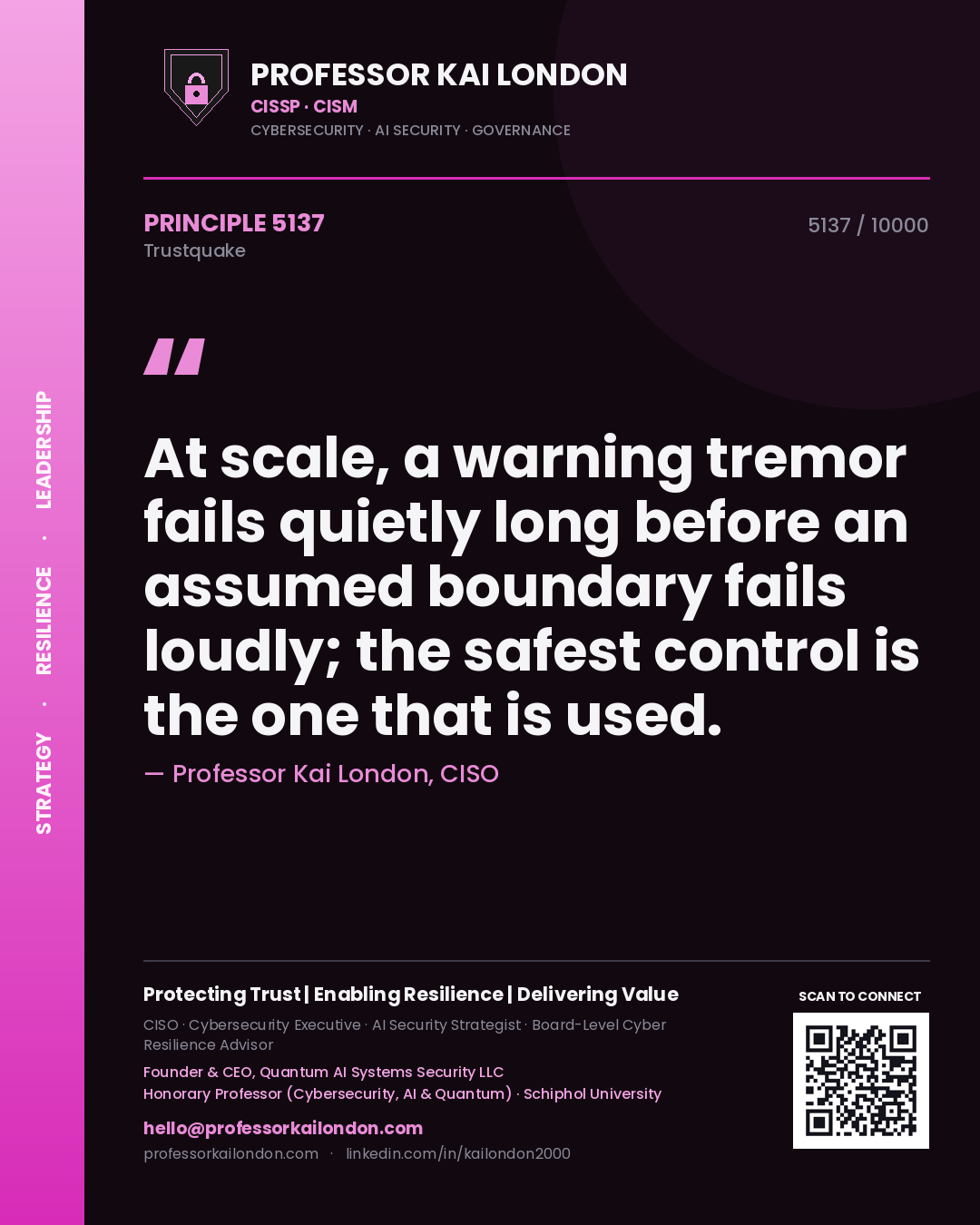 Quote card by Professor Kai London reading 'At scale, a warning tremor fails quietly long before an assumed boundary fails loudly; the safest control is the one that is used.'. From the book Trustquake.