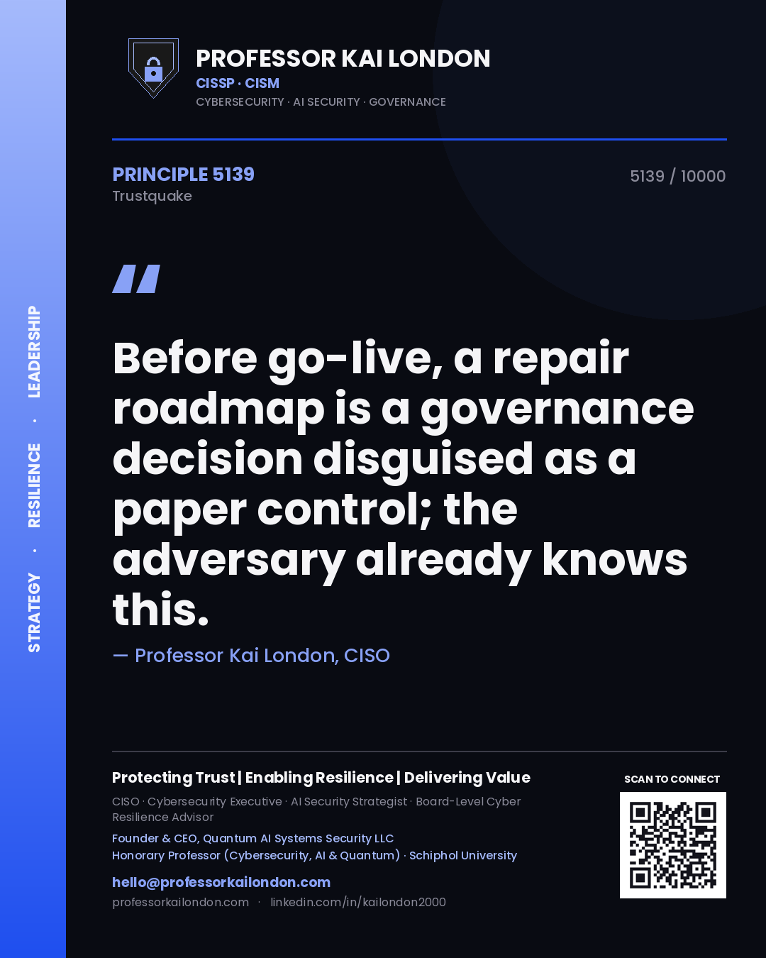 Quote card by Professor Kai London reading 'Before go-live, a repair roadmap is a governance decision disguised as a paper control; the adversary already knows this.'. From the book Trustquake.