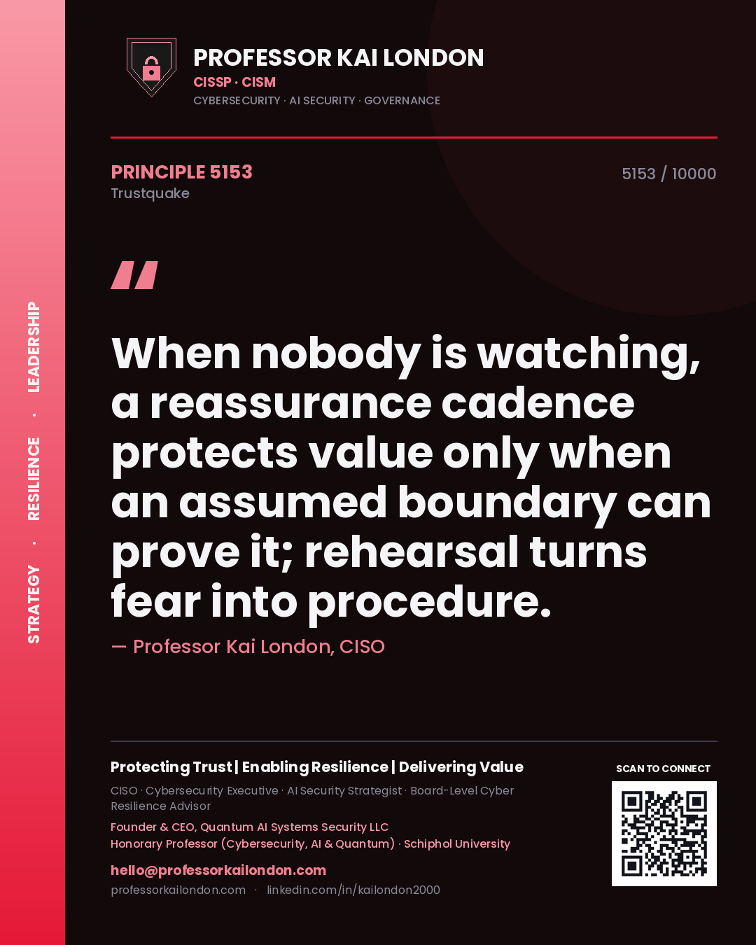 Quote card by Professor Kai London reading 'When nobody is watching, a reassurance cadence protects value only when an assumed boundary can prove it; rehearsal turns fear into procedure.'. From the book Trustquake.