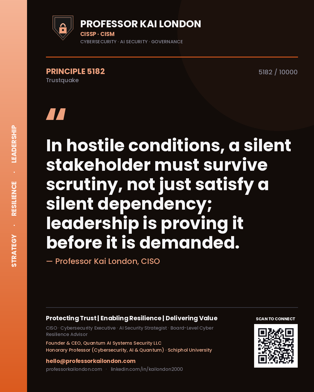 Quote card by Professor Kai London reading 'In hostile conditions, a silent stakeholder must survive scrutiny, not just satisfy a silent dependency; leadership is proving it before it is demanded.'. From the book Trustquake.