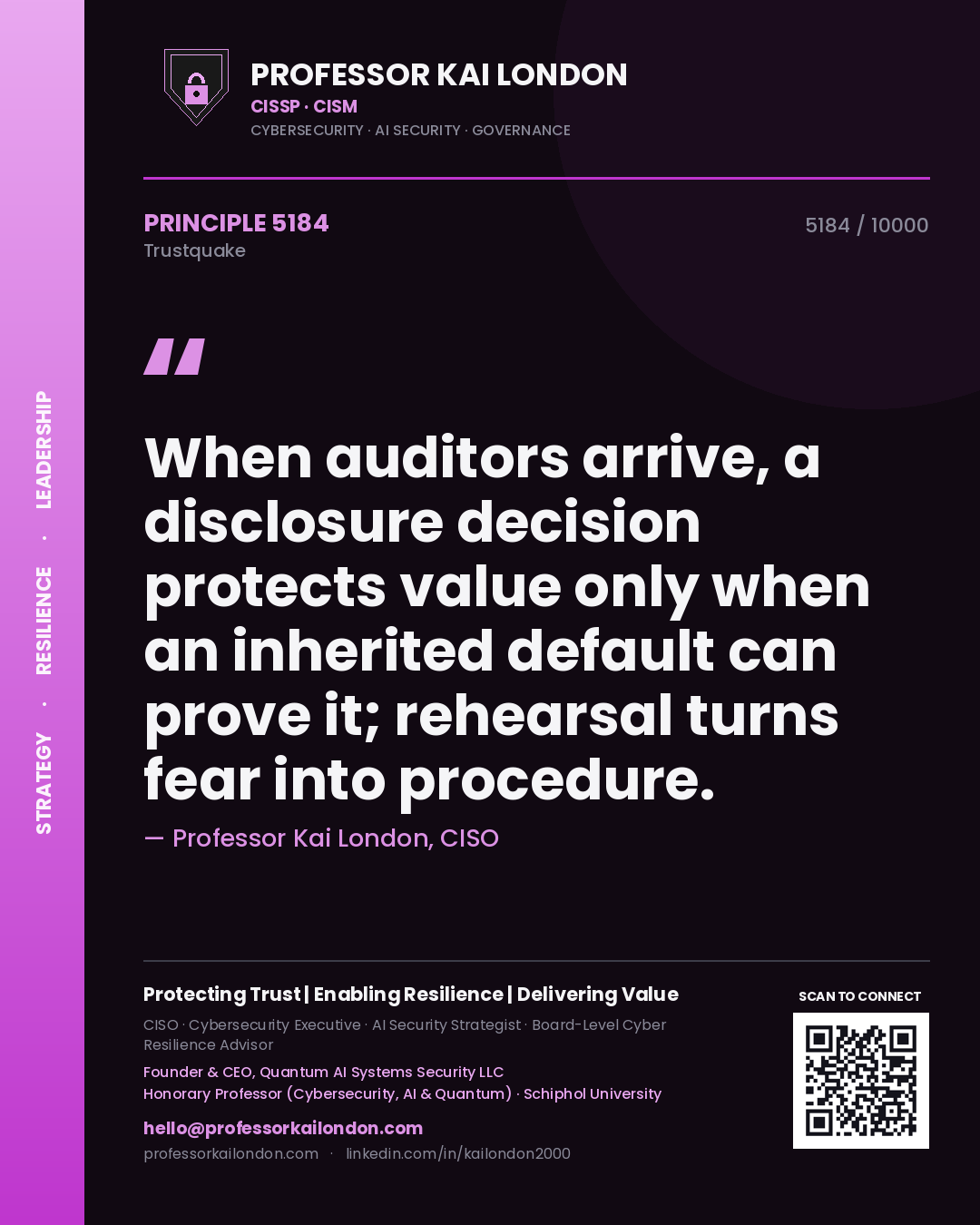 Quote card by Professor Kai London reading 'When auditors arrive, a disclosure decision protects value only when an inherited default can prove it; rehearsal turns fear into procedure.'. From the book Trustquake.