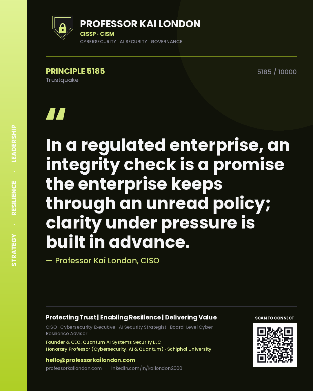 Quote card by Professor Kai London reading 'In a regulated enterprise, an integrity check is a promise the enterprise keeps through an unread policy; clarity under pressure is built in advance.'. From the book Trustquake.