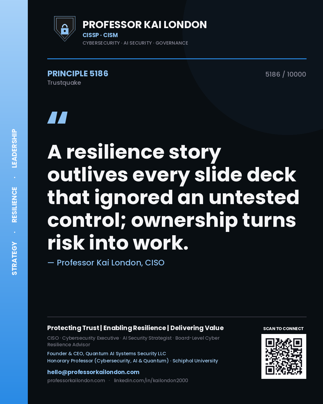 Quote card by Professor Kai London reading 'A resilience story outlives every slide deck that ignored an untested control; ownership turns risk into work.'. From the book Trustquake.