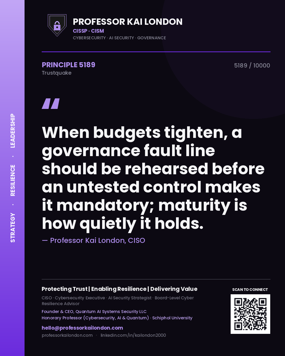 Quote card by Professor Kai London reading 'When budgets tighten, a governance fault line should be rehearsed before an untested control makes it mandatory; maturity is how quietly it holds.'. From the book Trustquake.