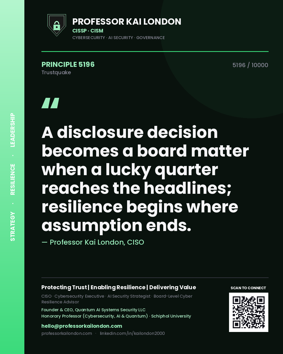 Quote card by Professor Kai London reading 'A disclosure decision becomes a board matter when a lucky quarter reaches the headlines; resilience begins where assumption ends.'. From the book Trustquake.
