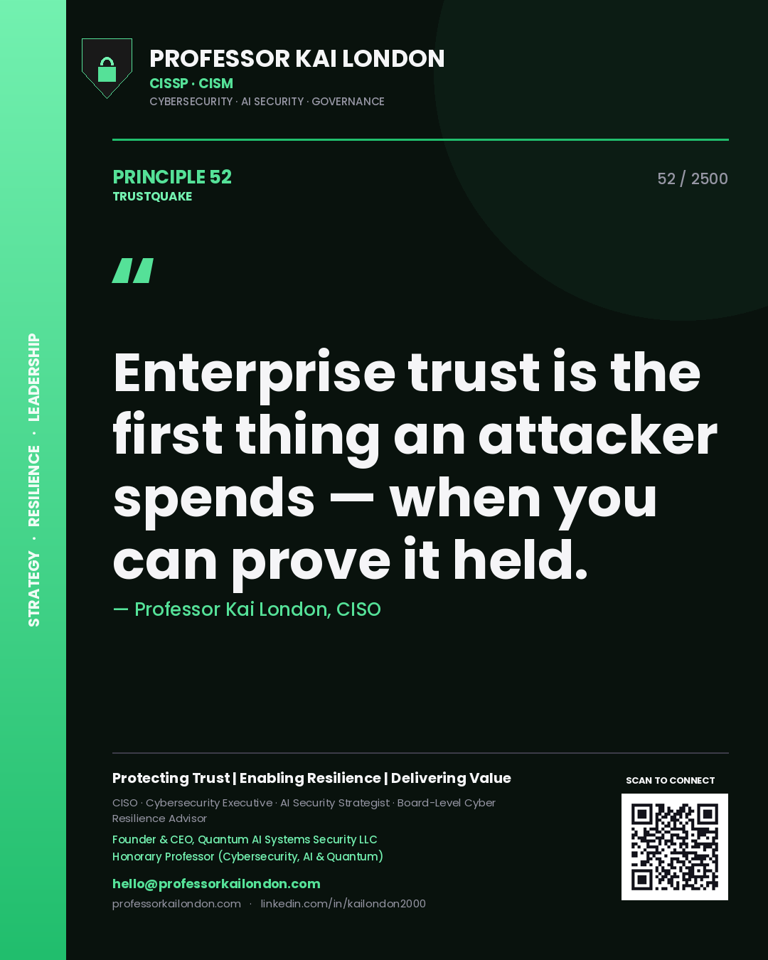Quote card by Professor Kai London reading 'Enterprise trust is the first thing an attacker spends — when you can prove it held.'. From the book Trustquake.