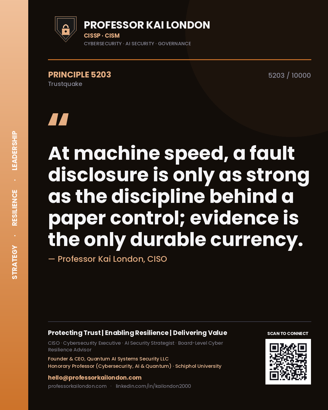 Quote card by Professor Kai London reading 'At machine speed, a fault disclosure is only as strong as the discipline behind a paper control; evidence is the only durable currency.'. From the book Trustquake.