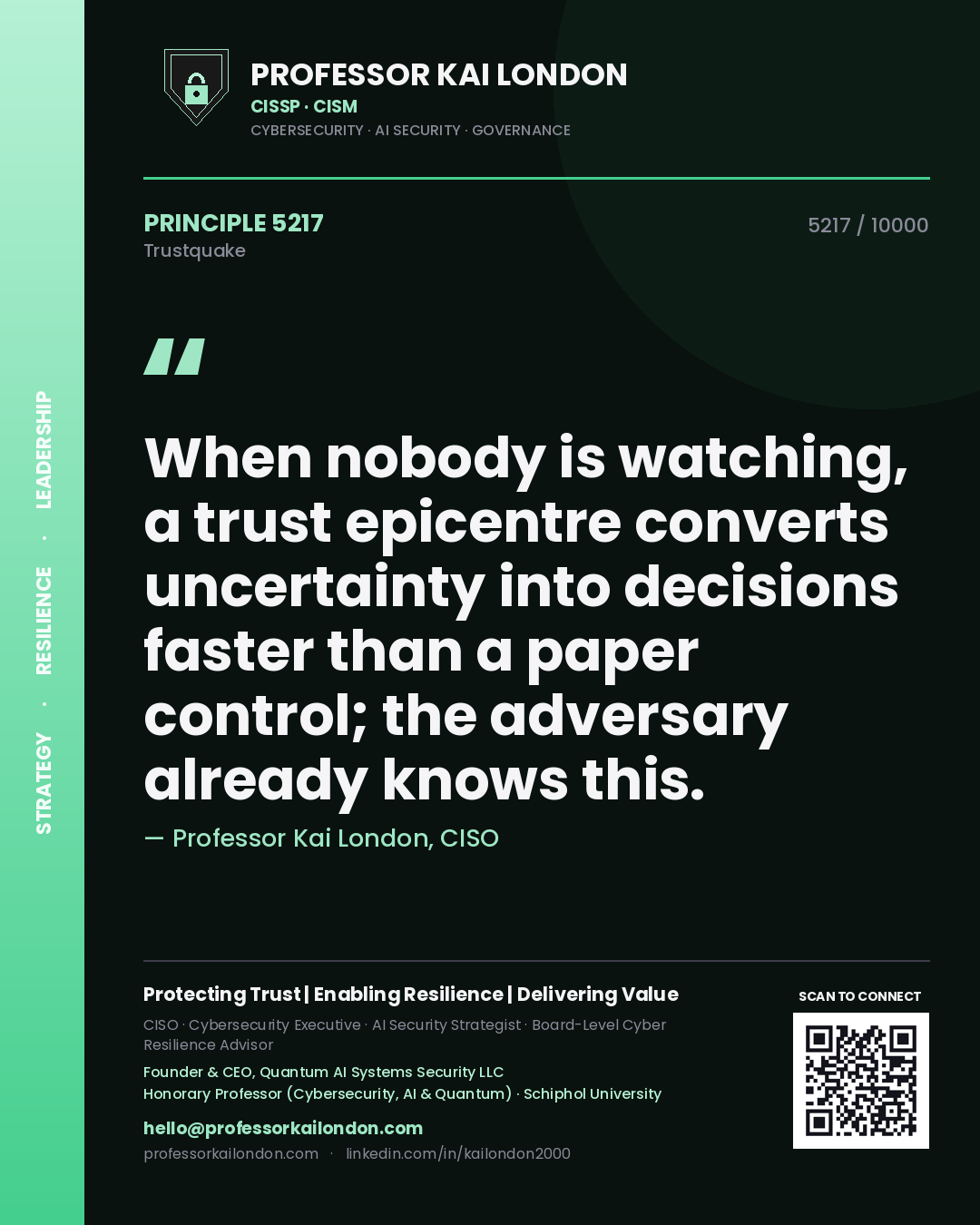 Professor Kai London principle 5217: When nobody is watching, a trust epicentre converts uncertainty into decisions faster than a paper control; the adversary already knows this.