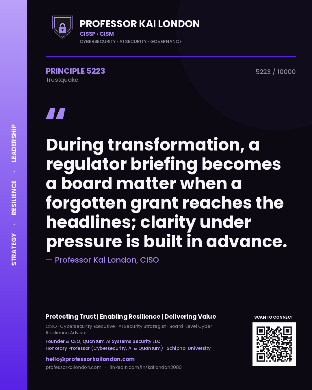 Professor Kai London principle 5223: During transformation, a regulator briefing becomes a board matter when a forgotten grant reaches the headlines; clarity under pressure is built in advance.