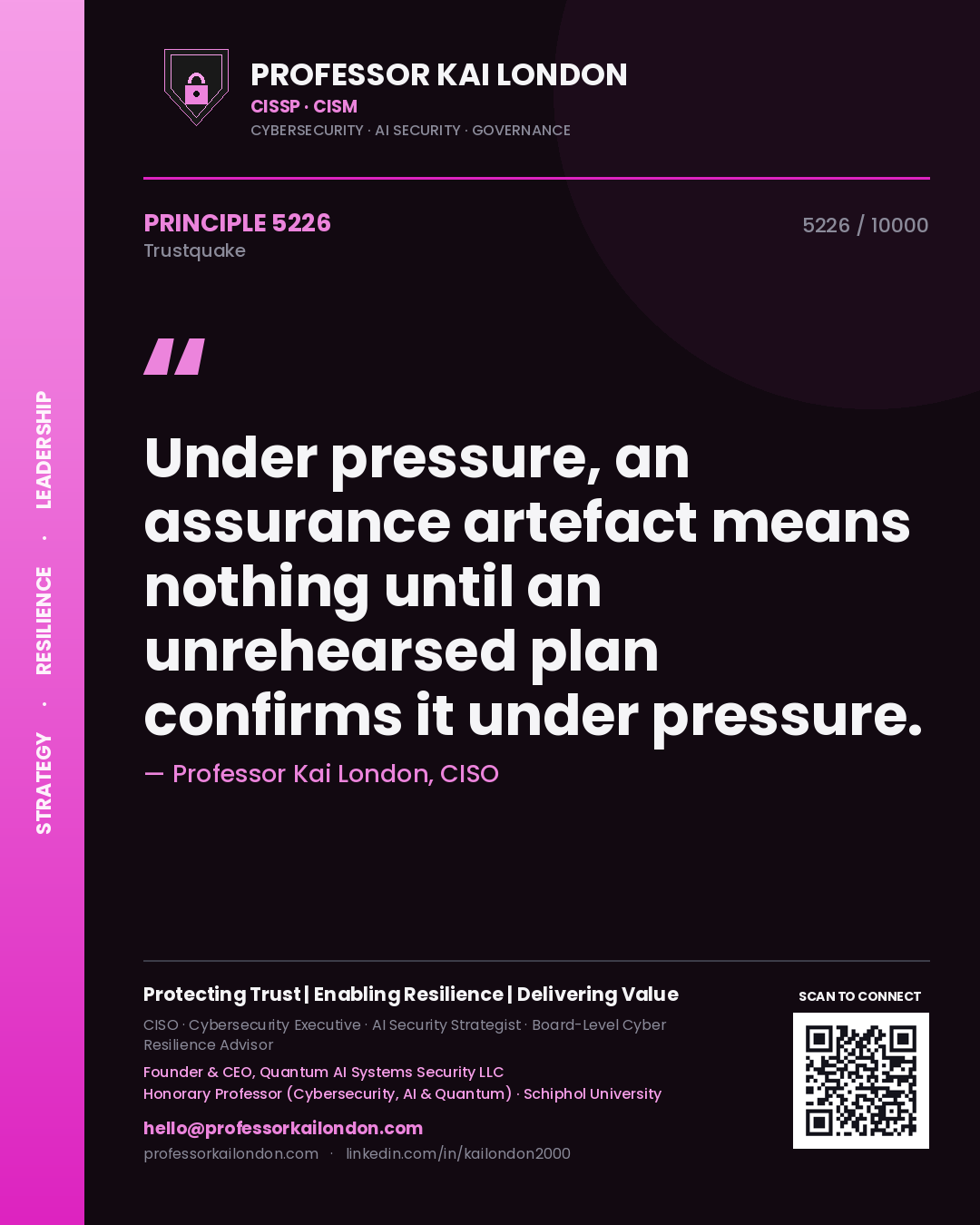 Quote card by Professor Kai London reading 'Under pressure, an assurance artefact means nothing until an unrehearsed plan confirms it under pressure.'. From the book Trustquake.
