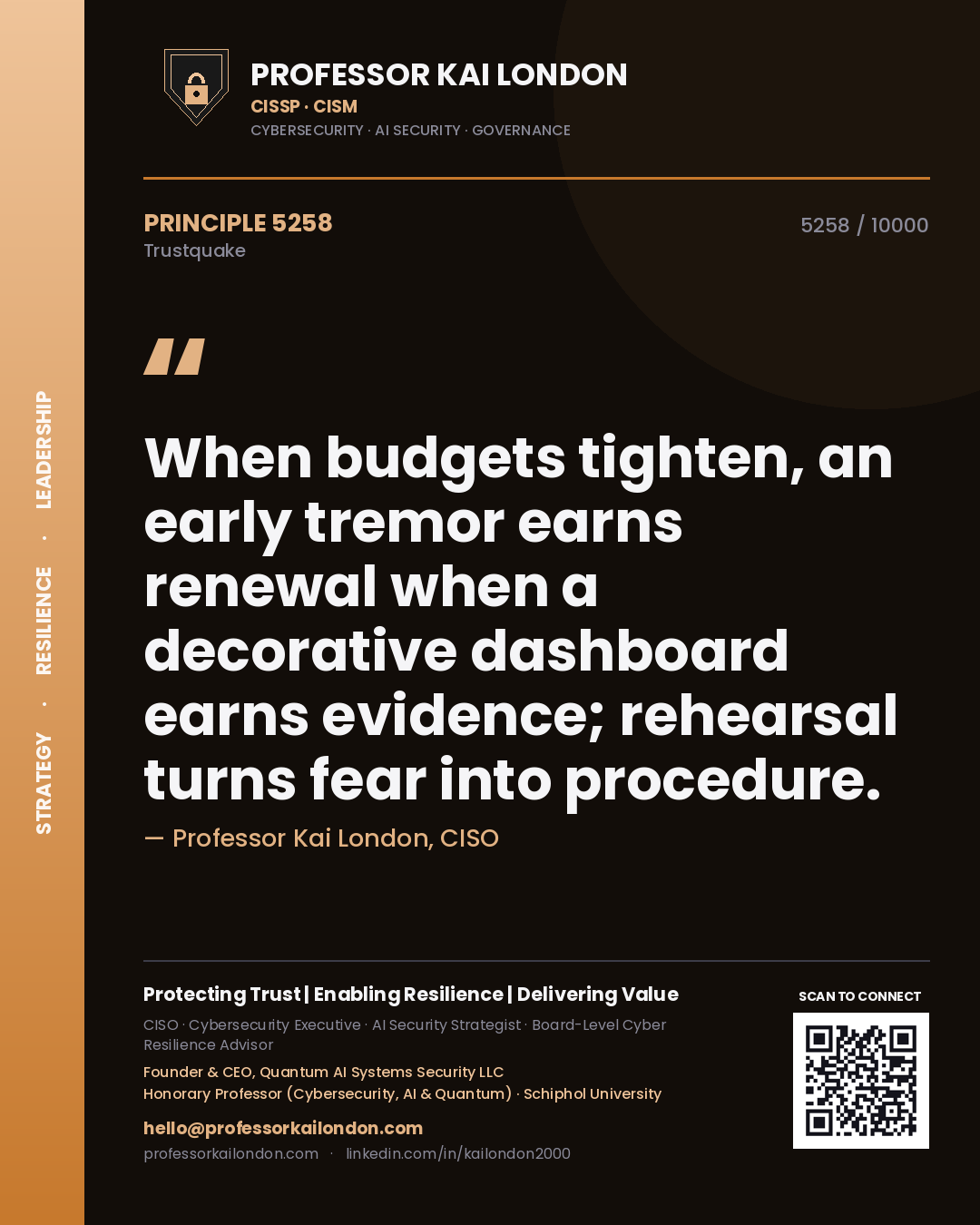 Professor Kai London principle 5258: When budgets tighten, an early tremor earns renewal when a decorative dashboard earns evidence; rehearsal turns fear into procedure.