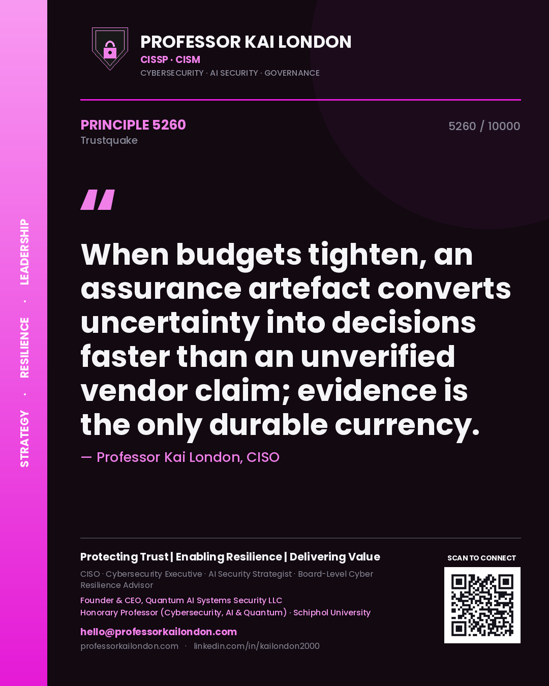 Professor Kai London principle 5260: When budgets tighten, an assurance artefact converts uncertainty into decisions faster than an unverified vendor claim; evidence is the only durable currency.