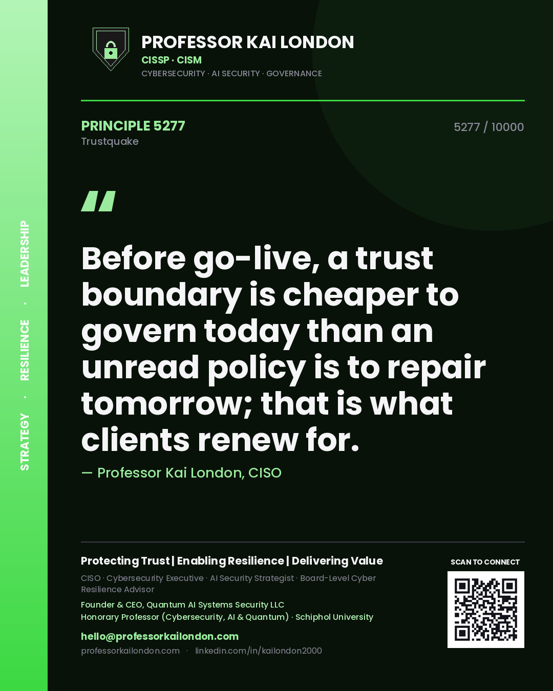 Professor Kai London principle 5277: Before go-live, a trust boundary is cheaper to govern today than an unread policy is to repair tomorrow; that is what clients renew for.