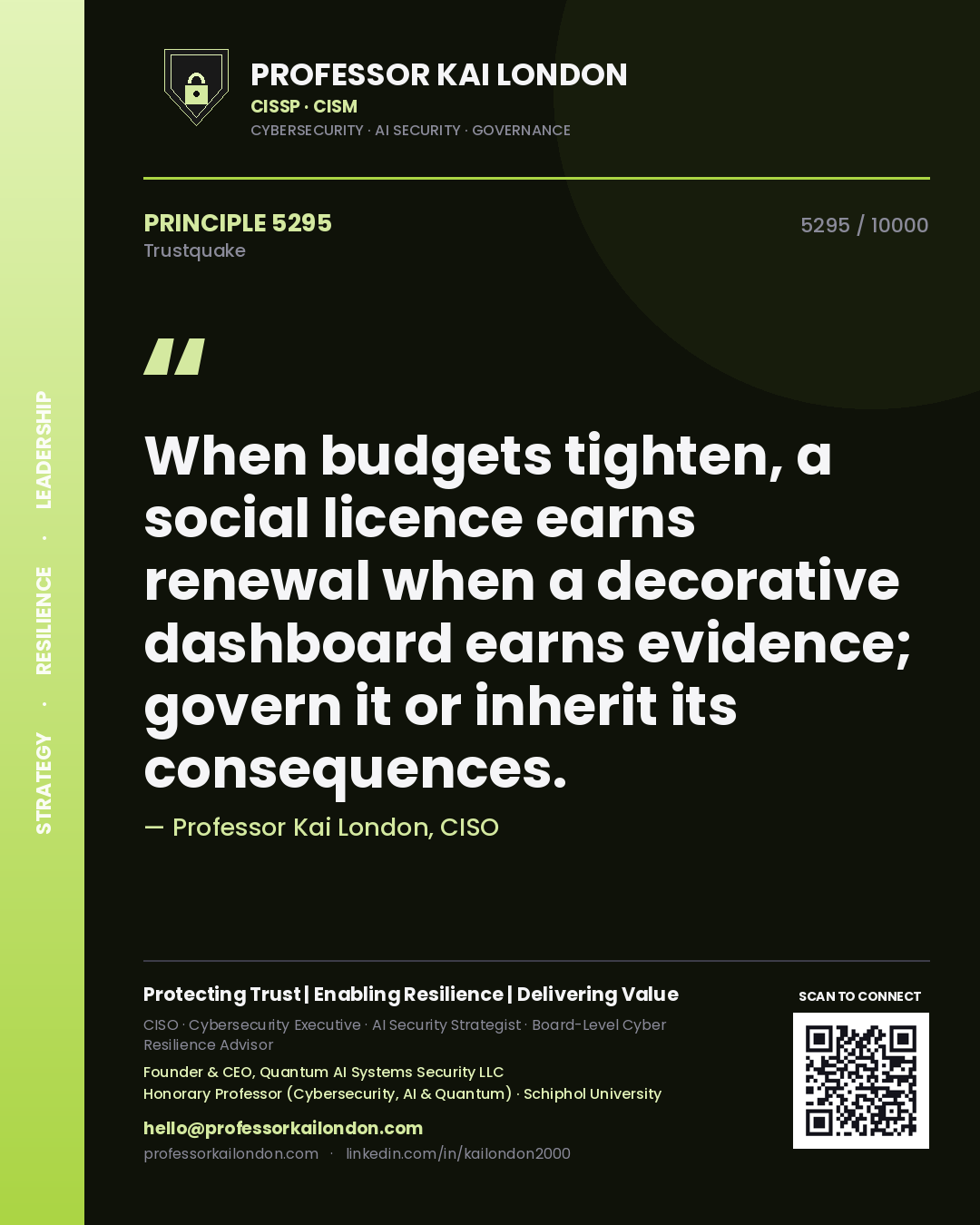 Quote card by Professor Kai London reading 'When budgets tighten, a social licence earns renewal when a decorative dashboard earns evidence; govern it or inherit its consequences.'. From the book Trustquake.