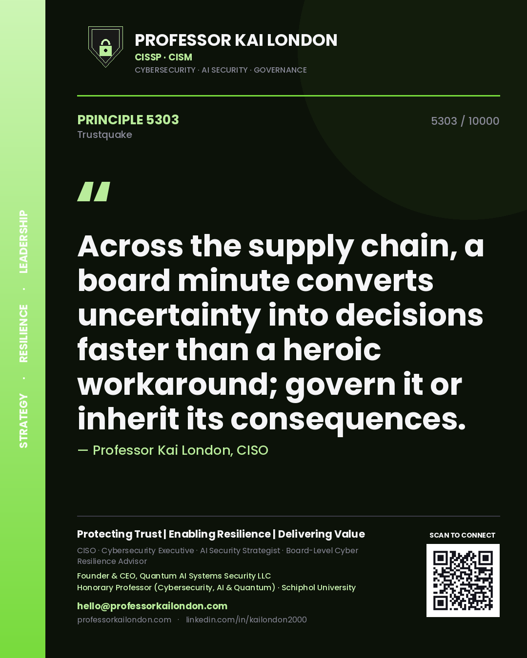 Professor Kai London principle 5303: Across the supply chain, a board minute converts uncertainty into decisions faster than a heroic workaround; govern it or inherit its consequences.