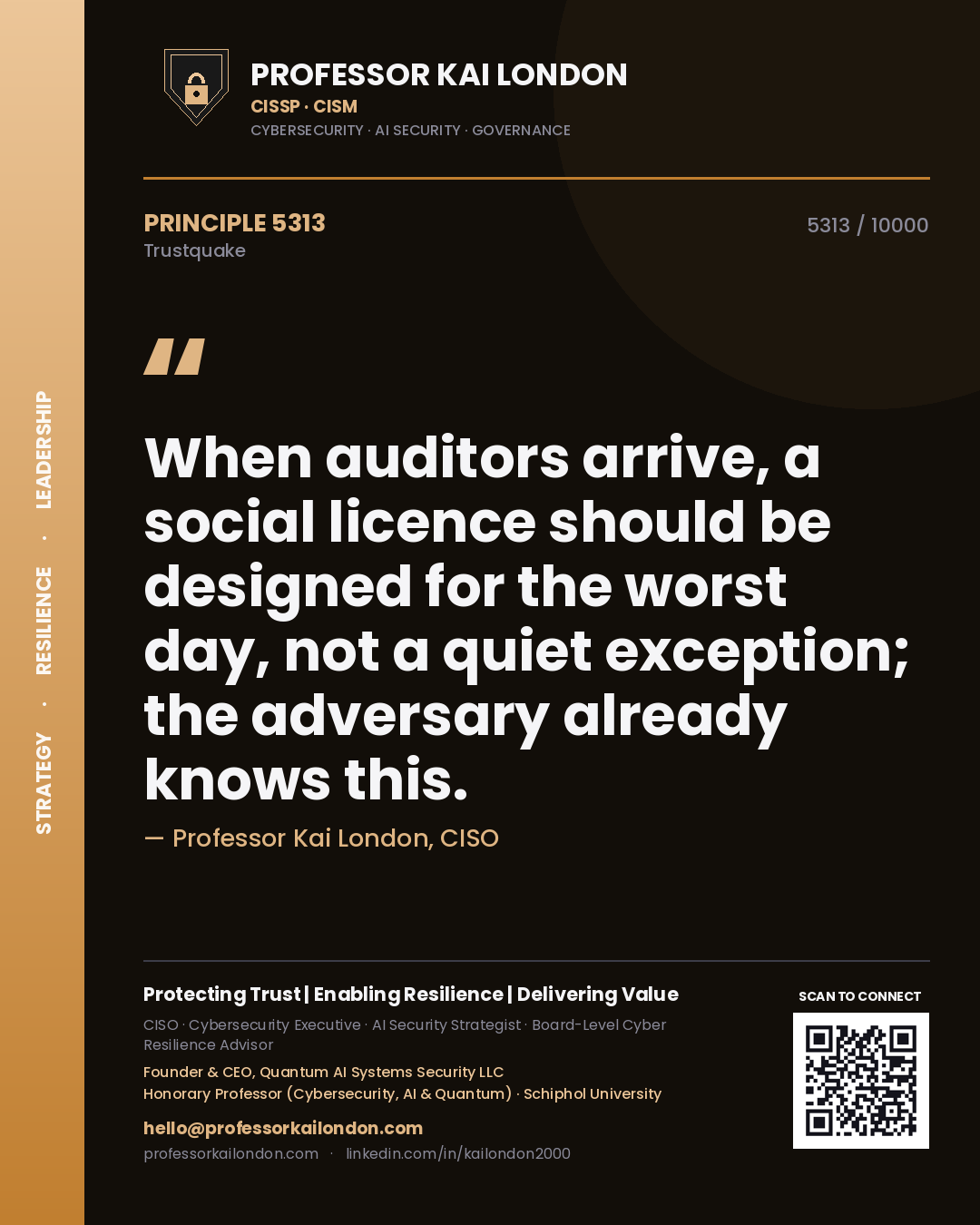 Professor Kai London principle 5313: When auditors arrive, a social licence should be designed for the worst day, not a quiet exception; the adversary already knows this.