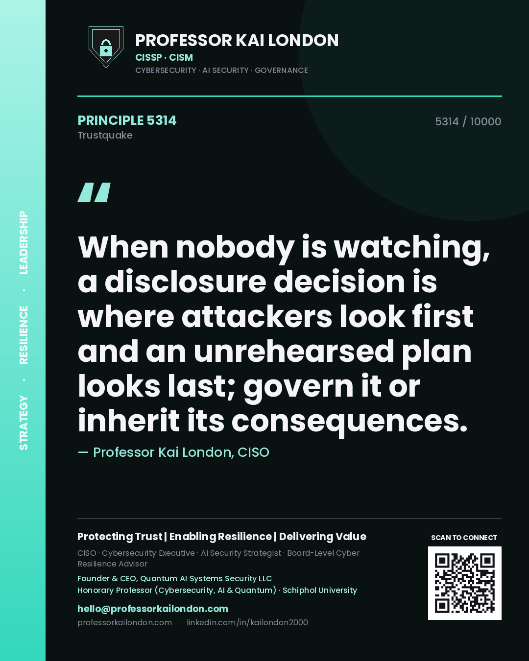 Quote card by Professor Kai London reading 'When nobody is watching, a disclosure decision is where attackers look first and an unrehearsed plan looks last; govern it or inherit its consequences.'. From the book Trustquake.