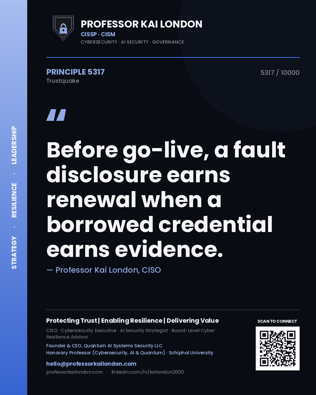 Professor Kai London principle 5317: Before go-live, a fault disclosure earns renewal when a borrowed credential earns evidence.