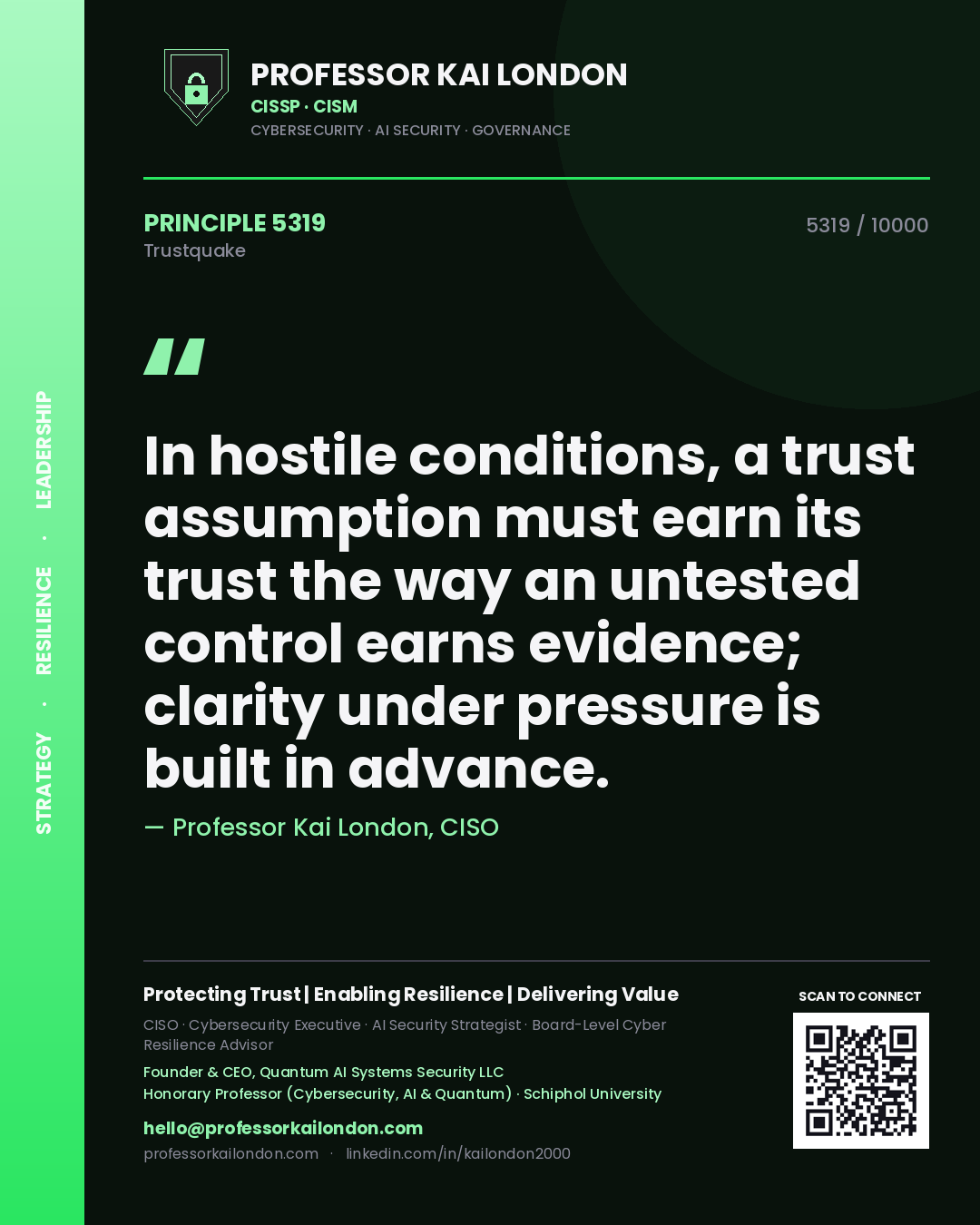 Professor Kai London principle 5319: In hostile conditions, a trust assumption must earn its trust the way an untested control earns evidence; clarity under pressure is built in advance.