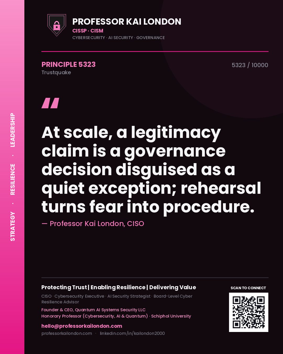 Professor Kai London principle 5323: At scale, a legitimacy claim is a governance decision disguised as a quiet exception; rehearsal turns fear into procedure.