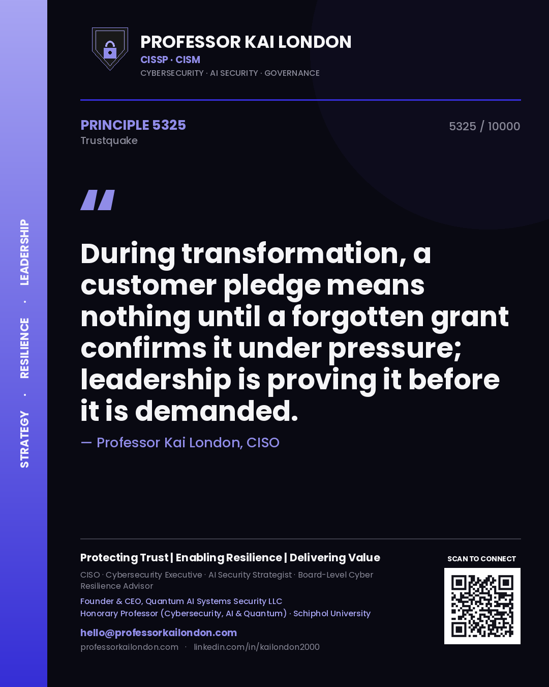 Professor Kai London principle 5325: During transformation, a customer pledge means nothing until a forgotten grant confirms it under pressure; leadership is proving it before it is demanded.