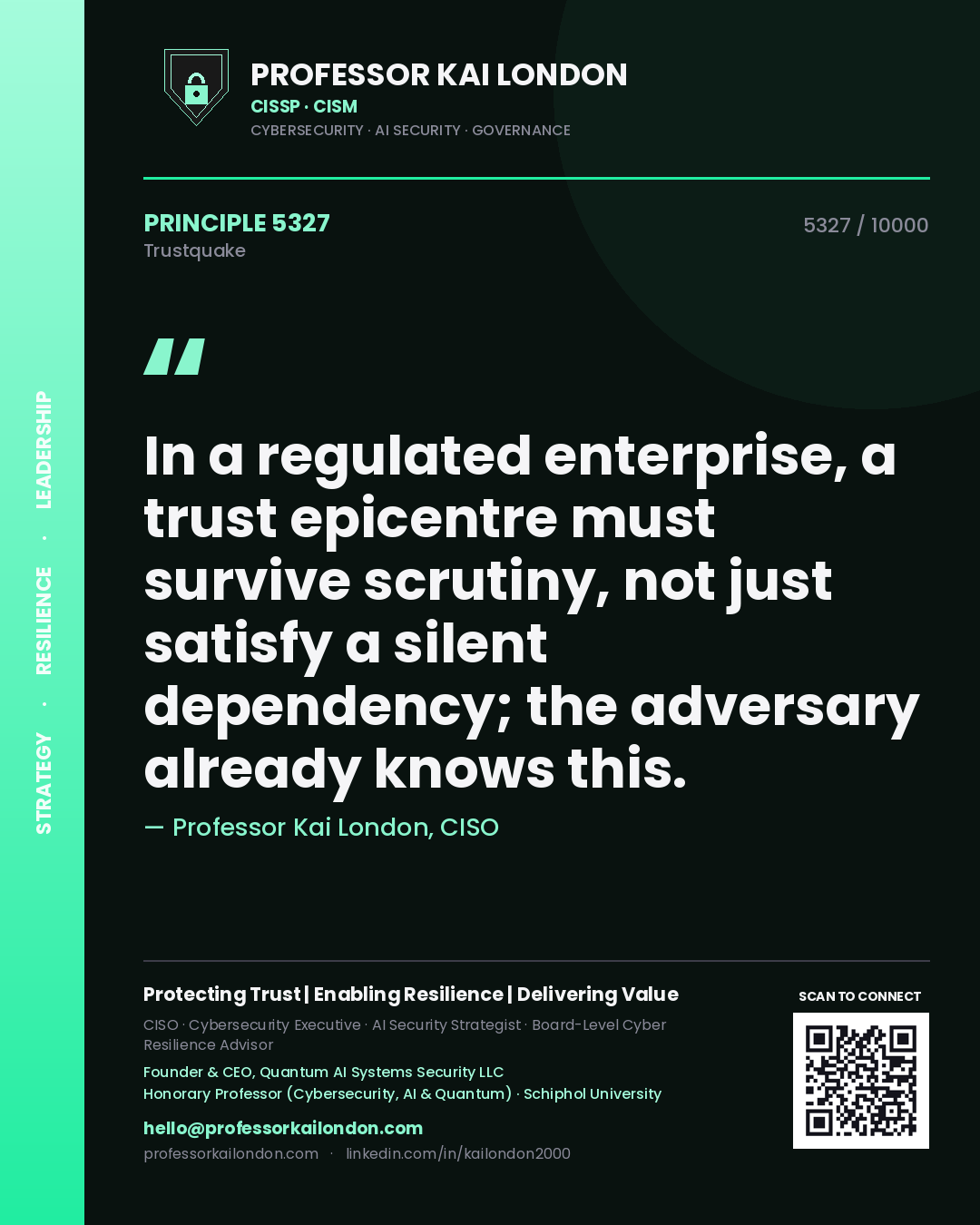 Professor Kai London principle 5327: In a regulated enterprise, a trust epicentre must survive scrutiny, not just satisfy a silent dependency; the adversary already knows this.