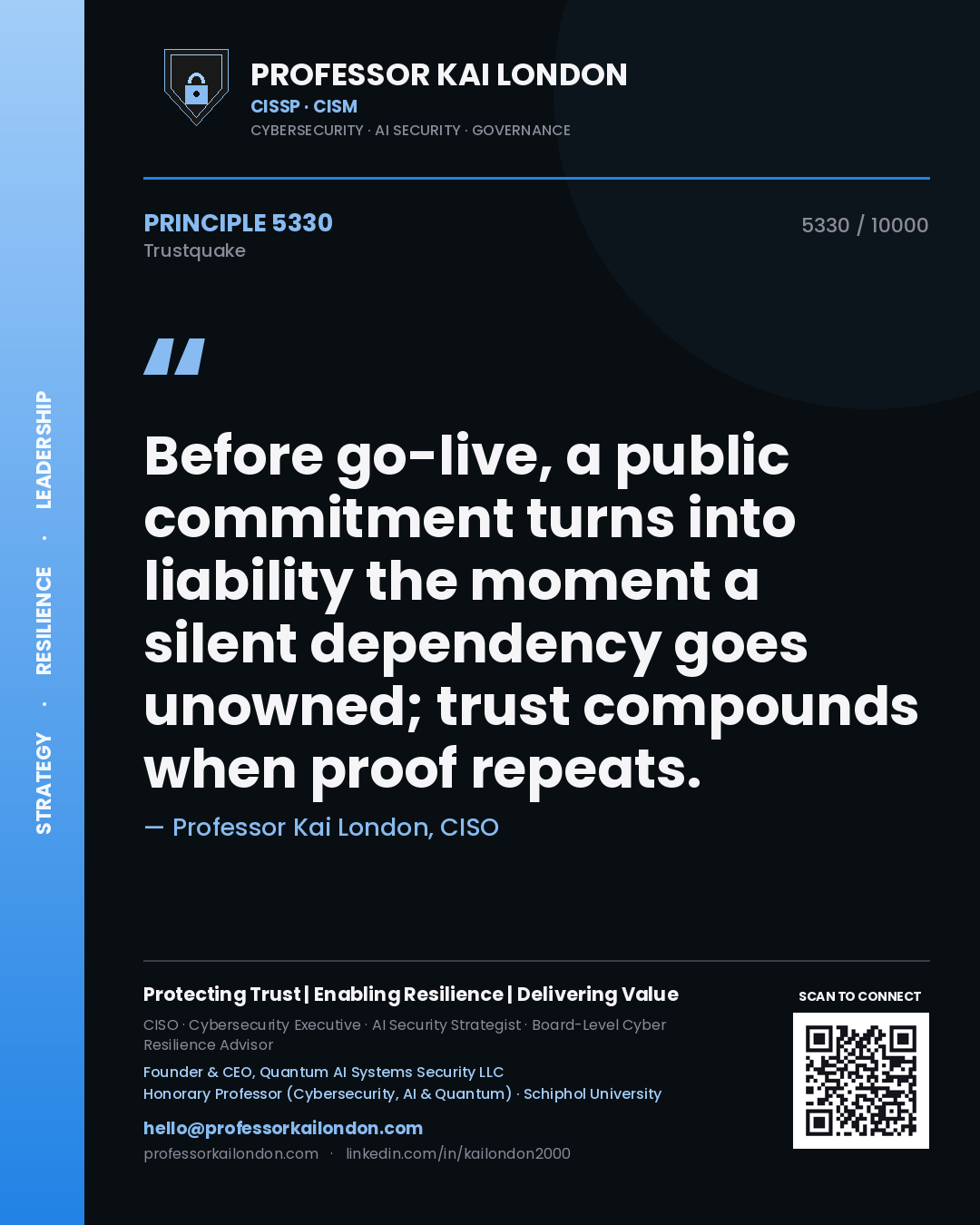 Professor Kai London principle 5330: Before go-live, a public commitment turns into liability the moment a silent dependency goes unowned; trust compounds when proof repeats.