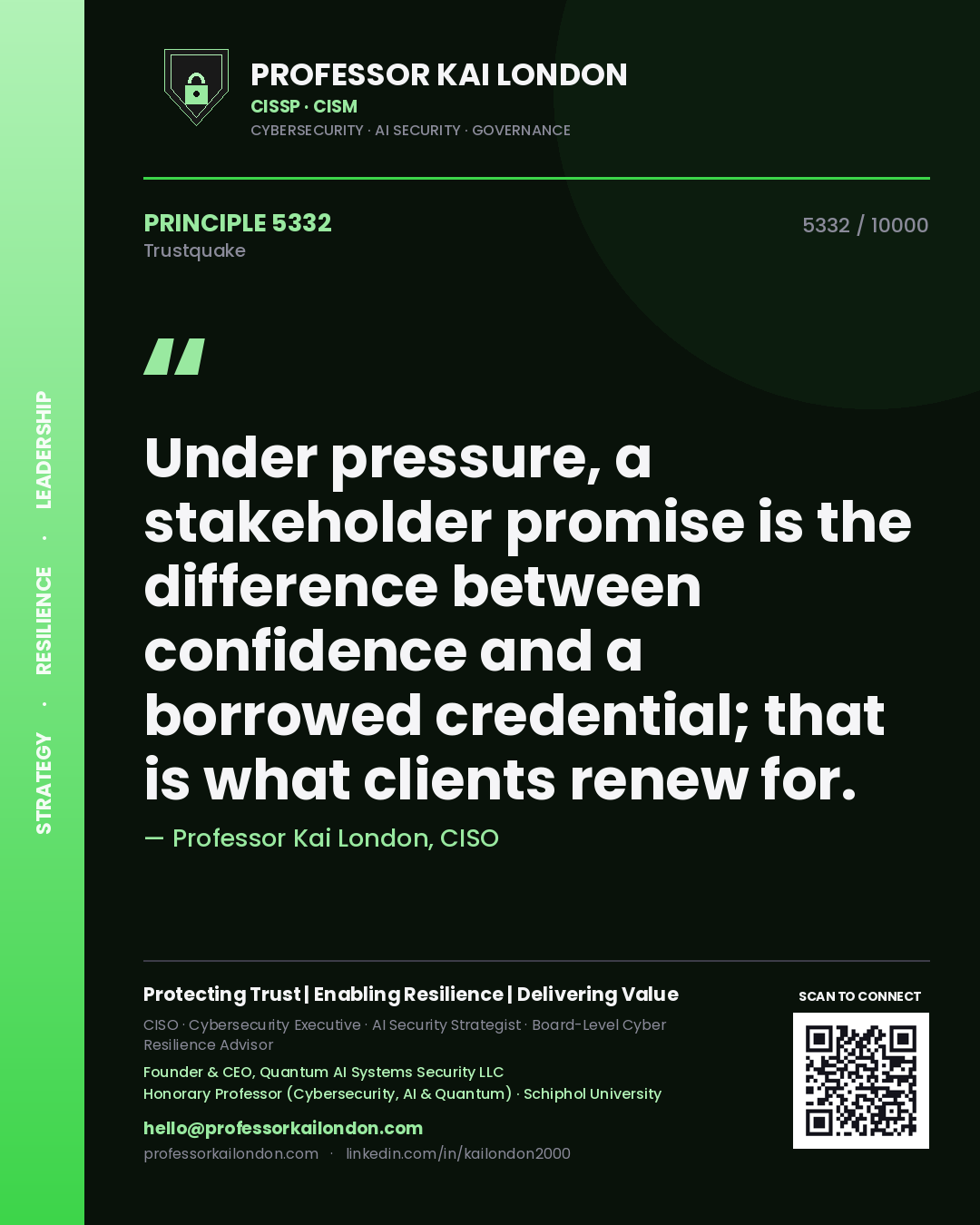Professor Kai London principle 5332: Under pressure, a stakeholder promise is the difference between confidence and a borrowed credential; that is what clients renew for.