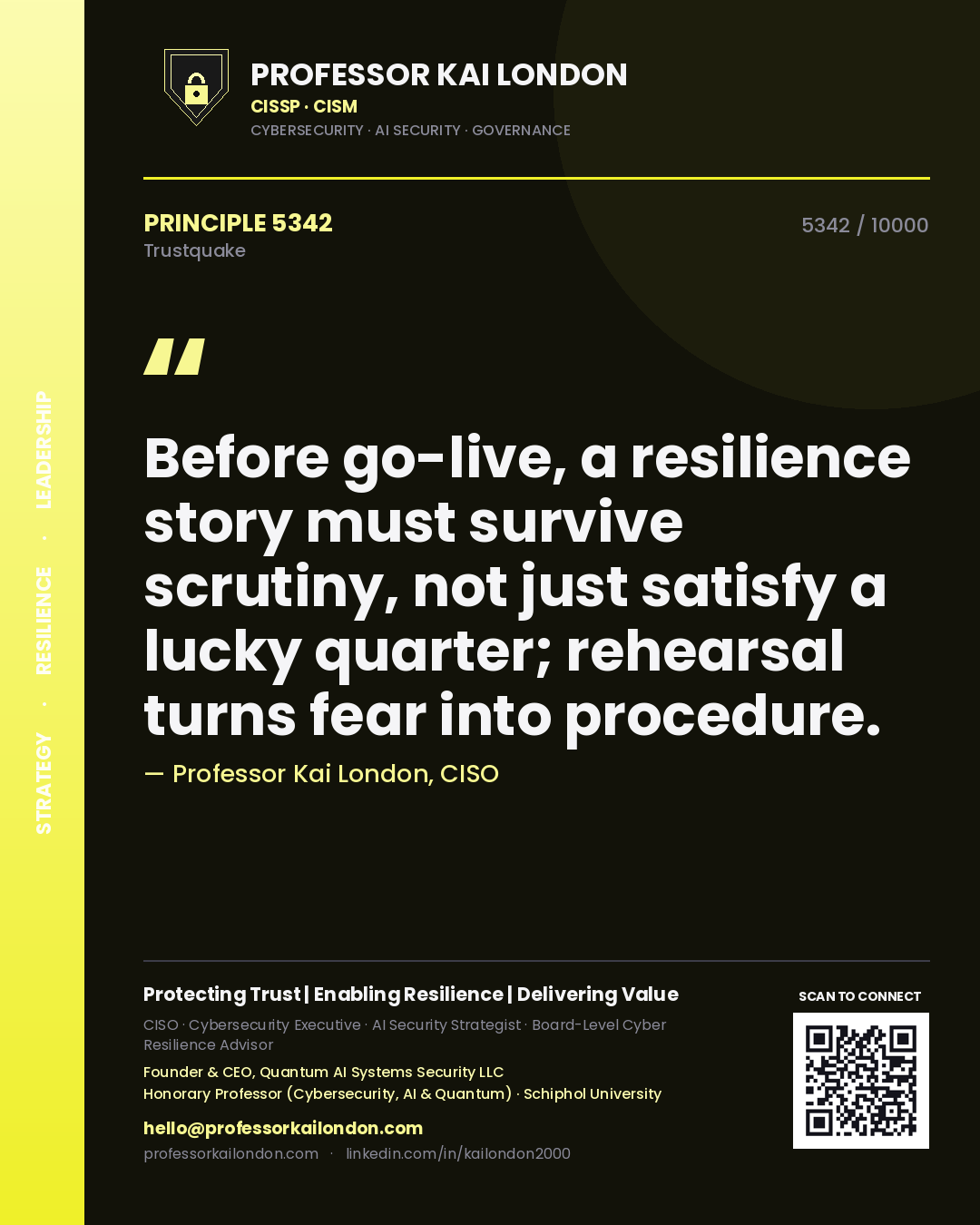 Professor Kai London principle 5342: Before go-live, a resilience story must survive scrutiny, not just satisfy a lucky quarter; rehearsal turns fear into procedure.