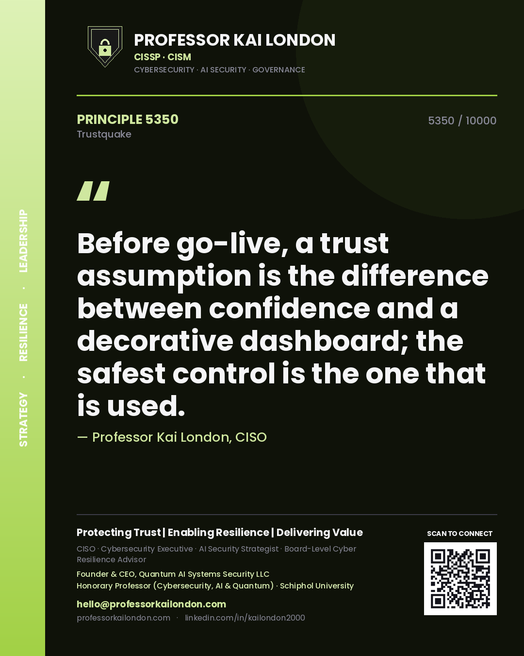 Professor Kai London principle 5350: Before go-live, a trust assumption is the difference between confidence and a decorative dashboard; the safest control is the one that is used.